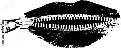 Black and white stencil illustration of open zipper teeth on textured background for design