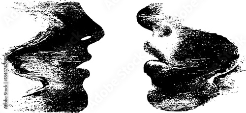 Abstract black and white stencil of opposing swirl faces for wall art design