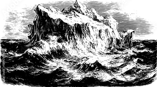Vintage illustration of an iceberg in the ocean, presented as a detailed black print. This set features classic engraving techniques in vector style.