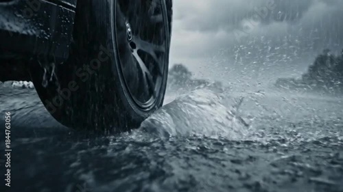 Close up of a car tire driving through deep water splashing dramatically on a wet road surface