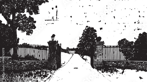 Illustration of a gate leading to a road. Black and white vector style with trees creates a simple outdoor landscape set against a scenic backdrop.