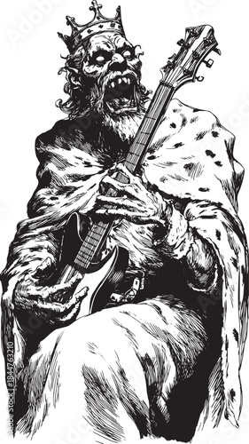 King with guitar illustration. Vintage black and white art set featuring a rock musician in a dramatic pose, showcasing gothic design elements in vector format.