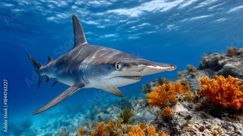 Fototapeta Naklejka Na Ścianę i Meble -  Hammerhead shark swimming over colorful coral reef
