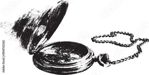 Vintage pocket watch with a circular dial and elegant chain. Black and white vector illustration showcasing intricate mechanism and classic design.