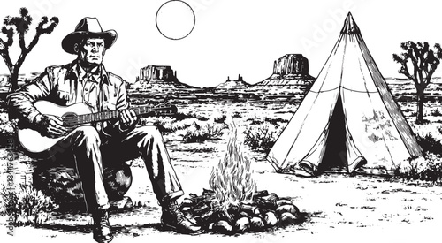Man playing guitar by a campfire in the desert. Black and white vector illustration depicting a camping scene with a tent and natural setting.