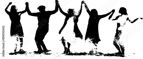 Black and white stencil of silhouettes dancing in celebration