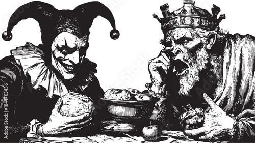 Jester and king engaging in a humorous scene at a table with food. Vintage vector illustration highlighting expressions and tension in monochrome.