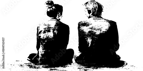 Black and white stencil illustration of sitting silhouettes - urban grunge style for posters