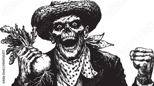 Zombie character illustration in black and white. Scary vintage vector design with a creepy expression in this detailed illustration.