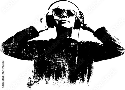 Black and white stencil art of person adjusting headphones for music theme design