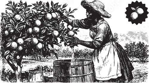 Illustration of a farmer harvesting oranges from a tree. Vintage black and white vector set depicting rural agriculture and nature.