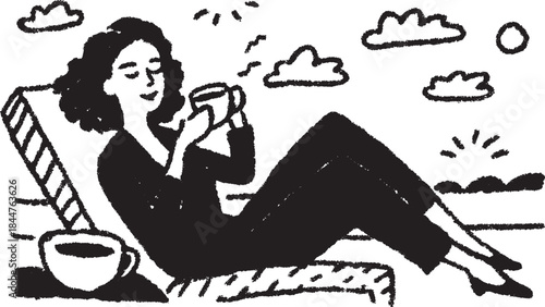 Woman enjoying coffee outdoors in a simple and relaxed setting. Black lineart vector illustration reflecting a tranquil lifestyle.