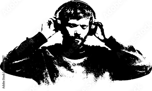 Black and white stencil art of person adjusting headphones in urban style