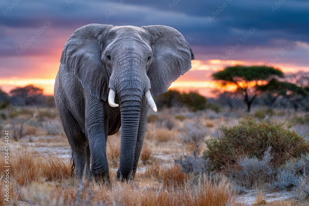 Fototapeta premium Majestic Elephant at Sunset in African Savanna