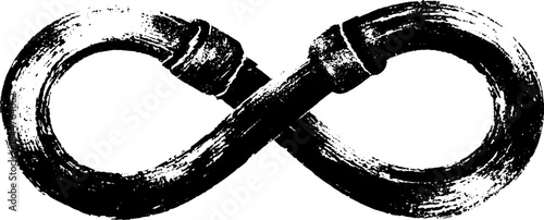 Black and white stencil illustration of infinite loop in tangled wire design