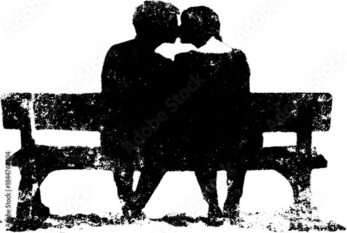 Black and white stencil of two people on a bench - urban art concept