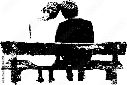 Black and white stencil of couple leaning on a bench in urban style
