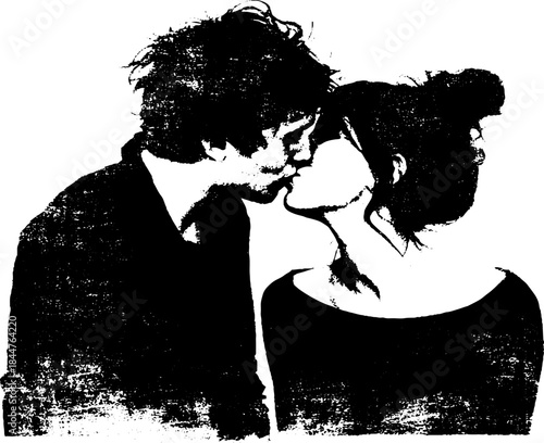 Romantic black and white stencil art of a couple kissing - urban street style illustration
