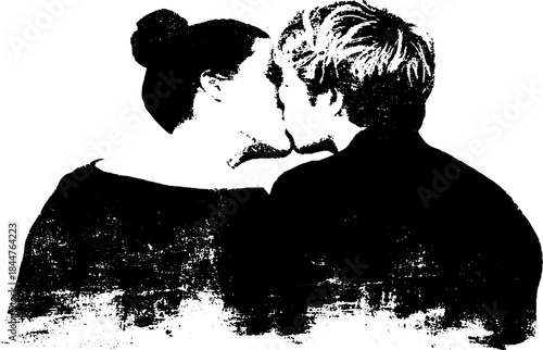 Black and white stencil art of two people sharing an intimate moment