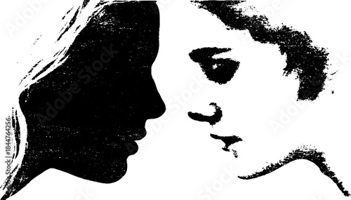 Black and white stencil illustration of gentle silhouettes conveying emotion and connection