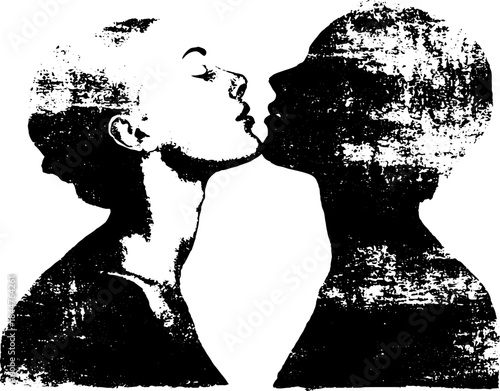 Black and white stencil art of two silhouette figures in gentle interaction for urban decor