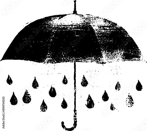Grunge black and white stencil illustration of umbrella with raindrops silhouette for urban art designs