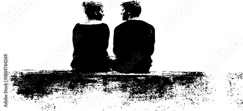 Black and white stencil art of two people sitting together in contemplation