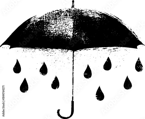 Black and white stencil umbrella silhouette with raindrops illustration for creative design
