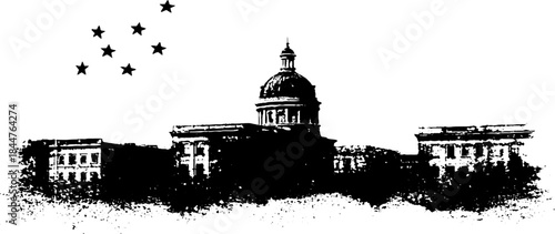 Black and white stencil illustration of urban rooftop scene with stars