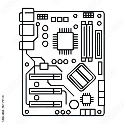 A minimalist black and white line art icon representing a computer motherboard circuit board.