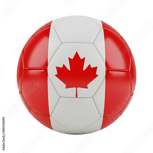 Soccer ball with the Canadian flag. 3D rendering of a classic soccer ball adorned with the national colors, symbolizing the world soccer tournament.