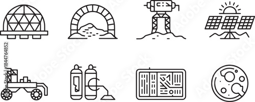 Space exploration and mars colonization icons including biodome arch rover solar panels gas tanks