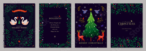 Botanical Holiday cards. Christmas template with decorative Christmas Tree, doves, snowflakes, reindeers, swans, birds and ornate floral frames with copy space and greetings.