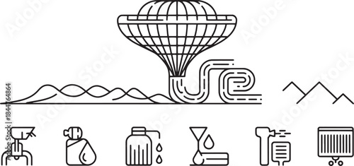 Water treatment and natural environment icons including waterfall mountains waves water purification