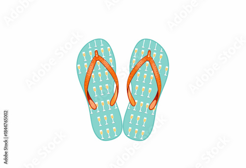 Colorful flip-flops featuring vibrant orange straps and a playful pattern of champagne glasses on a light blue background, capturing a fun and festive summer vibe