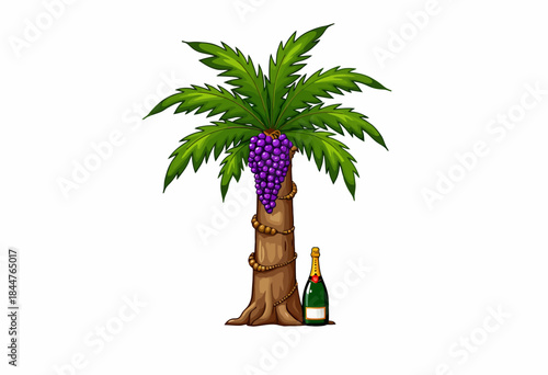 Tropical Tree with Grapes Growing from Trunk Near Bottle of Sparkling Beverage