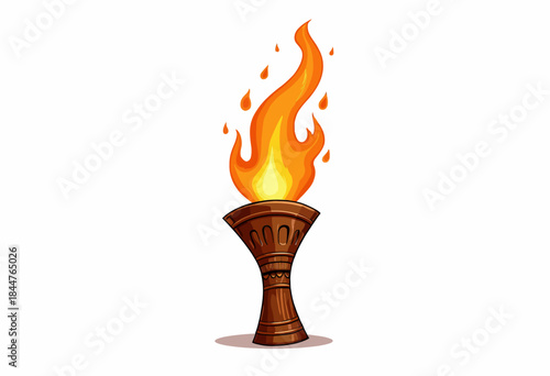 Illustration of a Bronze Torch with Bright Flames and Flickering Sparks Rising Against a Clean White Background