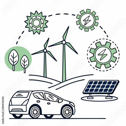 A conceptual illustration of a sustainable energy cycle featuring renewable sources and an electric car