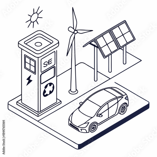 Electric vehicle charging station powered by renewable energy sources like wind and solar