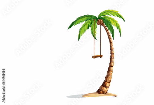 Illustration of a solitary tropical palm tree with vibrant green fronds and attached wooden swing, casting shadow on sandy beach under clear skies
