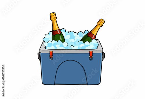 Illustration of Two Champagne Bottles Chilling in a Blue Cooler Filled with Ice, Highlighting Celebration and Refreshment for Festive Occasions