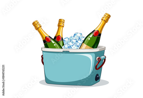Illustration of three champagne bottles chilled in an ice-filled metal bucket, highlighting a celebratory and festive atmosphere with a touch of elegance and luxury