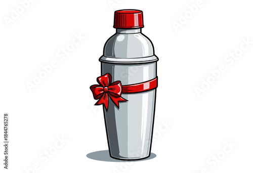 Illustration of a Silver Cocktail Shaker with Red Lid and Decorative Bow Perfect for Celebrations and Gift Presentations in a Festive Setting