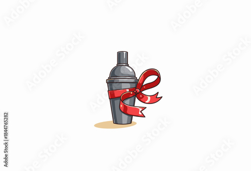 Illustration of a sleek cocktail shaker adorned with a bright red ribbon on a simple white background, capturing an essence of celebration and elegance