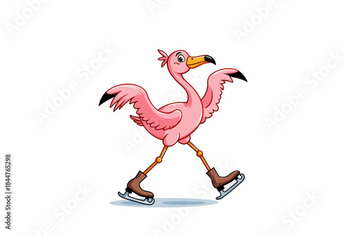 Illustration of a Cheerful Flamingo Ice Skating Gracefully with Stylish Ice Skates on a Smooth Ice Rink Surface, Displaying Joy and Eagerness