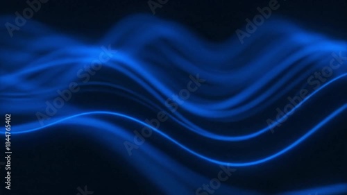 Abstract blue neon glowing wave lines flowing smoothly across a dark digital background