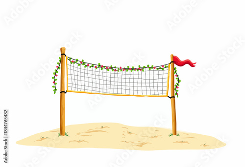 Illustration of a Beach Volleyball Net with Floral Decorations and Red Flag on a Sandy Play Area under Clear Sky