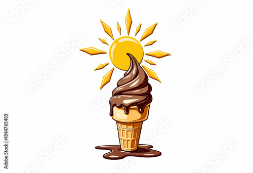 Melting Chocolate Ice Cream Cone Under a Sunny Sky with Bright Yellow Sun and Warm Summer Melted Drips Creating a Fascinating Visual of Summertime Bliss