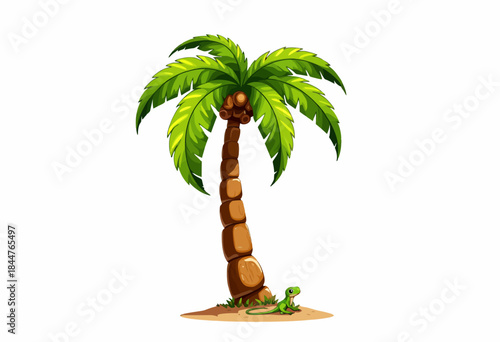 Vibrant Illustration of a Tropical Palm Tree with Bright Green Leaves and Geometric Trunk Accompanied by a Small Lizard on a Sandy Island Against Clear Sky