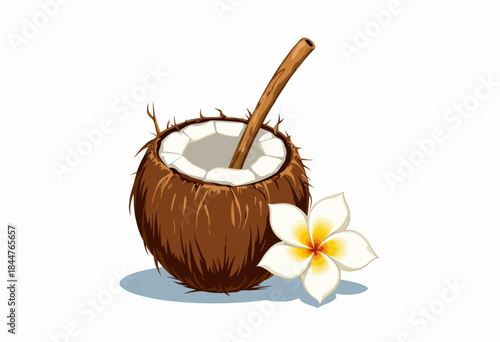 Refreshing tropical coconut drink with a natural straw beside an elegant white and yellow frangipani flower on a clean white background illustration